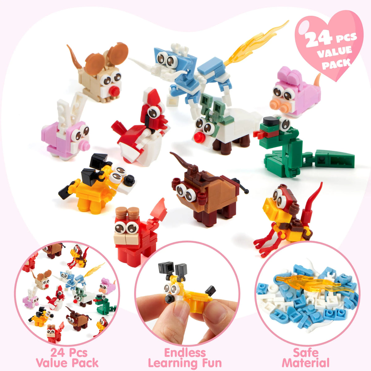 24 Pack Valentine's Day Gift Cards with Animal Building Blocks for Party Favors