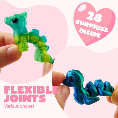 28 Pcs Kids Valentine's Day Cards with 3D Printed Mythical Creatures Toys