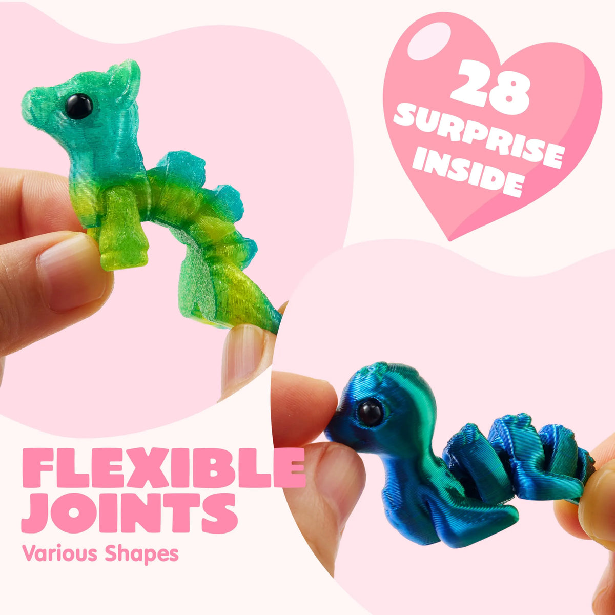 28 Pcs Kids Valentine's Day Cards with 3D Printed Mythical Creatures Toys