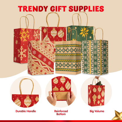 24-Pack Christmas Kraft Paper Gift Bags for Holiday Treats