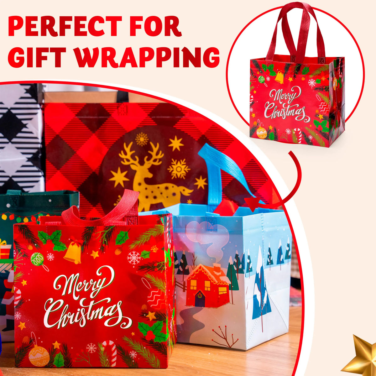 20 Pack Christmas Reusable Gift Bags, Assorted Sizes with Handles