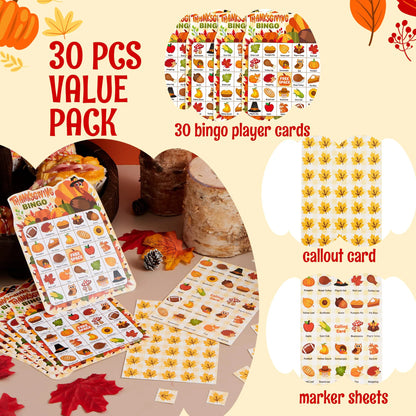 30 PCS Thanksgiving Bingo Cards for Kids and Family Activities