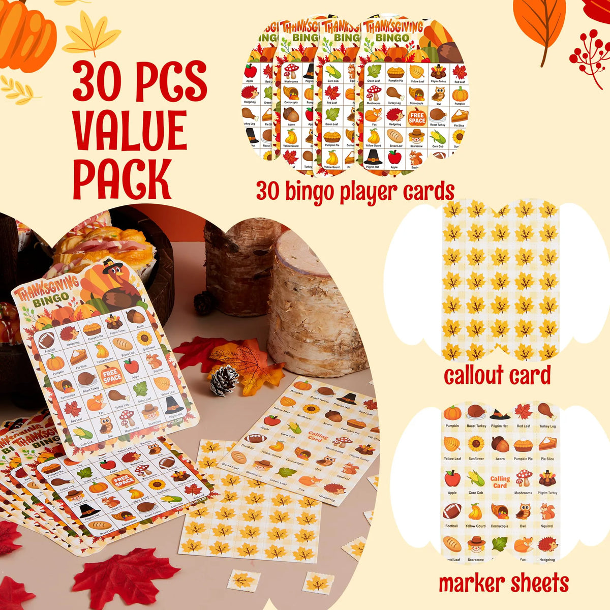 30 PCS Thanksgiving Bingo Cards for Kids and Family Activities