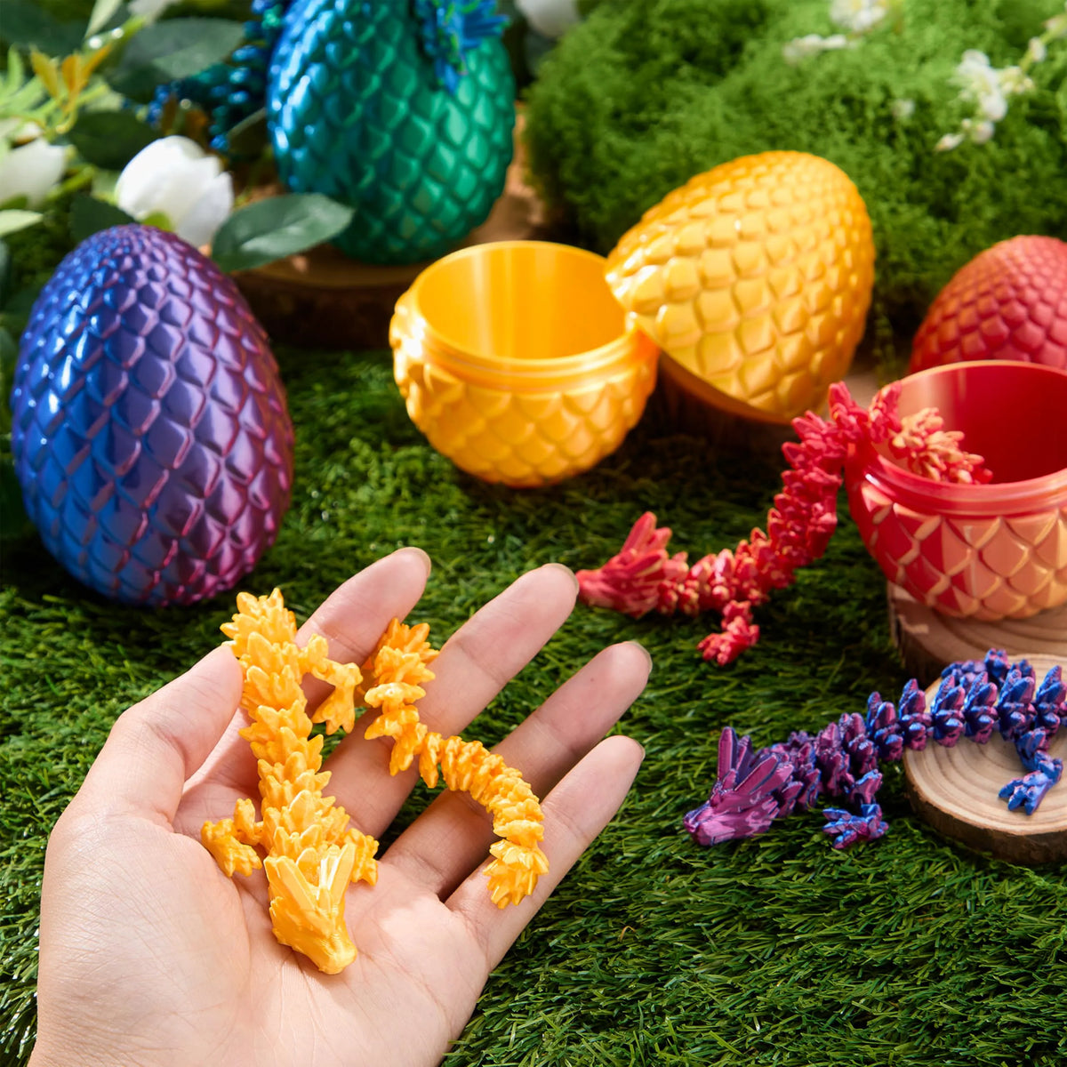 4 Pack 3D Printed Dragon Eggs with Laser Dragon - Articulated Fidget Toys for Kids