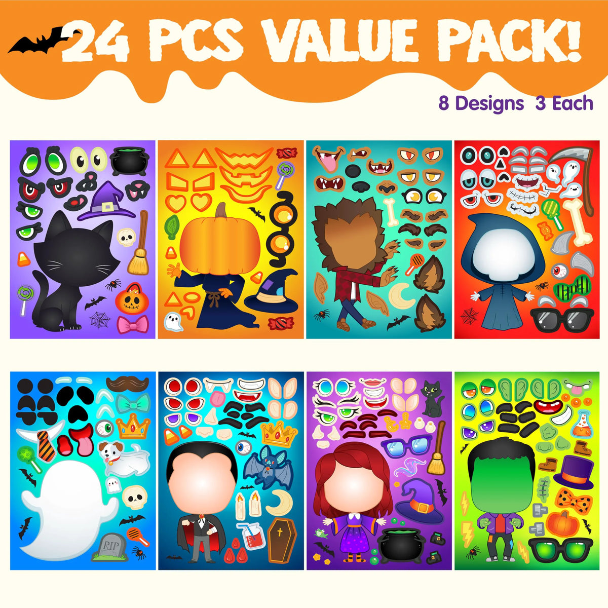 24 Halloween Make-a-Face Stickers - Party Favors for Kids
