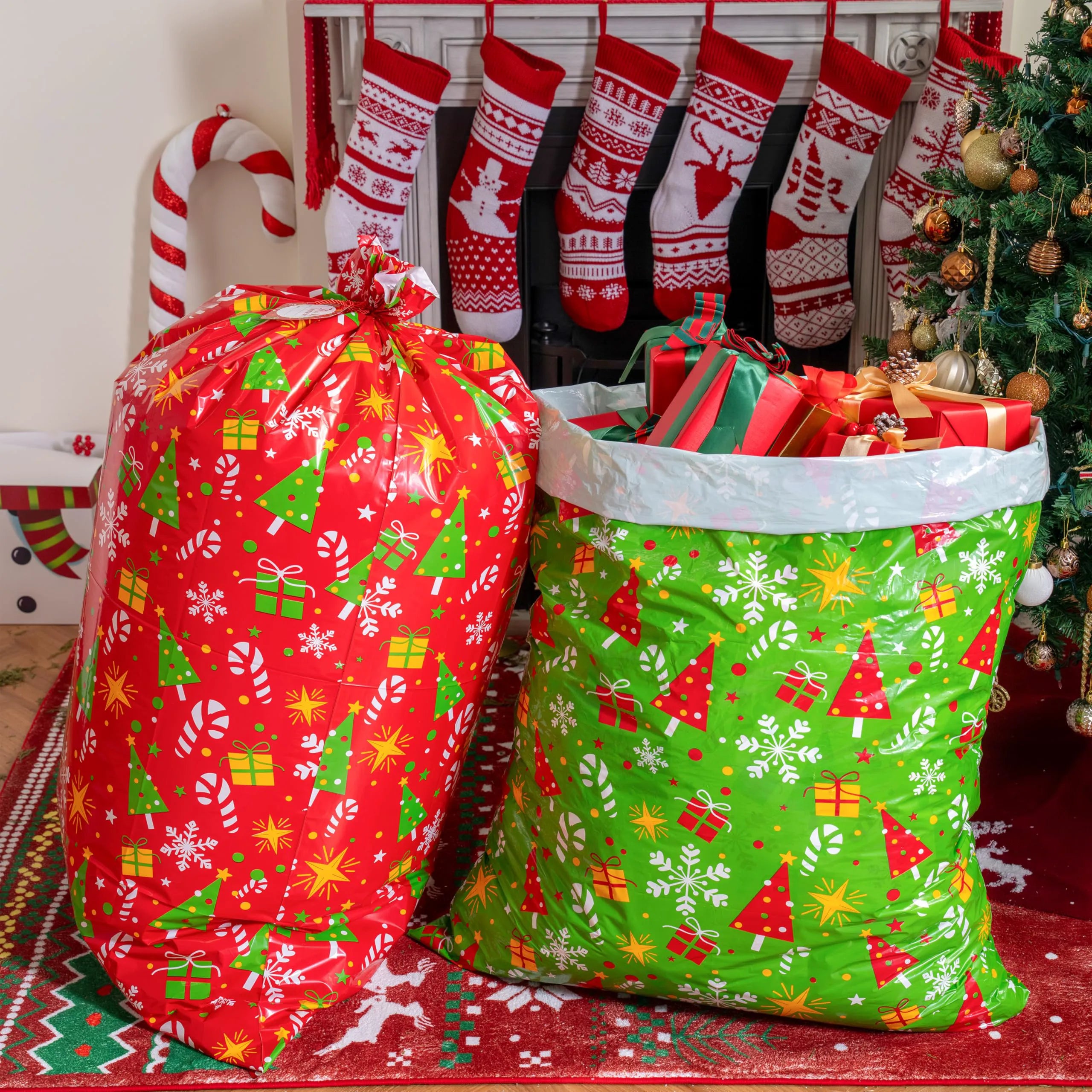 2 Large Red & Green Christmas Holiday Plastic Gift Bags