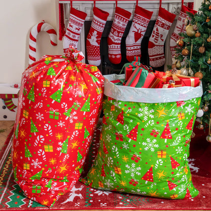 2 Large Red & Green Christmas Holiday Plastic Gift Bags