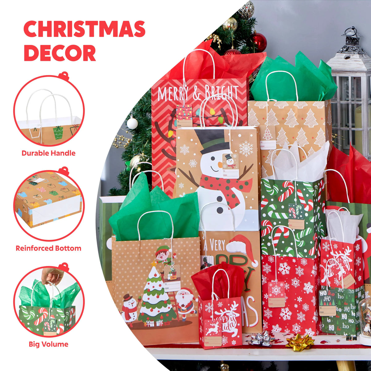 24-Pack Christmas White Kraft Gift Bags
