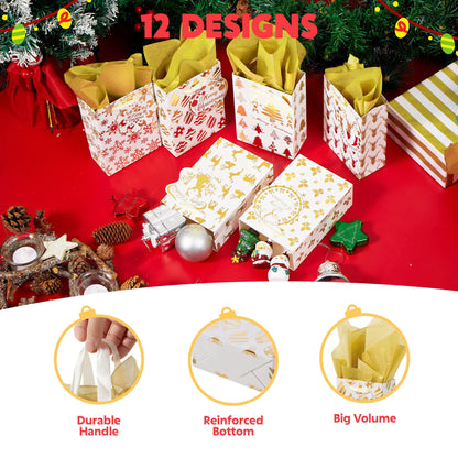 12 Pcs Christmas Foil Gold Gift Bags with Tissue Paper and Name Card Tags