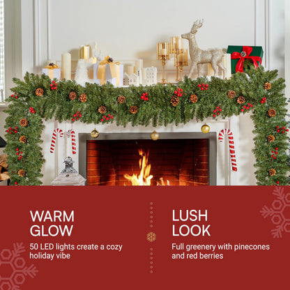9-Foot Artificial Christmas Garland with Pine Cones and Red Berries