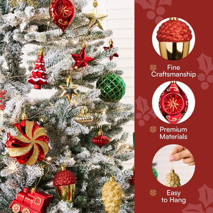 82-Piece Assorted Christmas Ornament Ball Set, 3.15-Inch Red Gold Green Deluxe