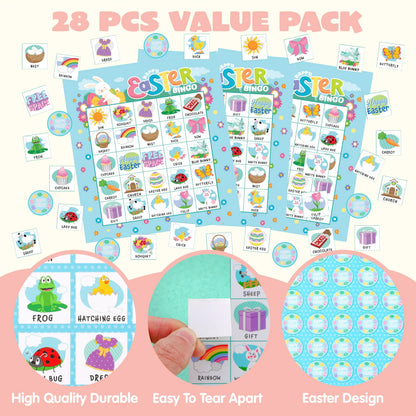 Easter Bingo Cards for Kids - 28 Players, 5x5 Grid, Blue