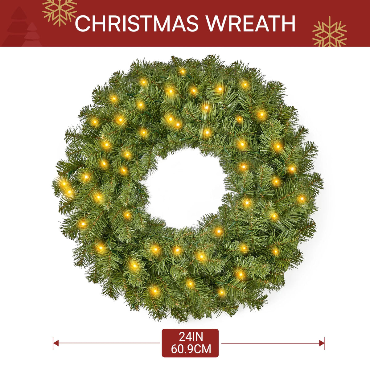 24-Inch Pre-Lit Christmas Wreath with Warm Lights