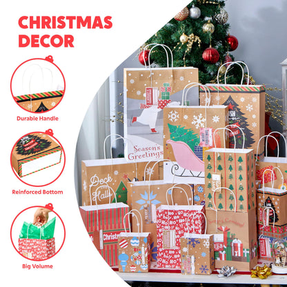 24 PCS Christmas Kraft Gift Bags, Assorted Sizes Xmas Paper Bags