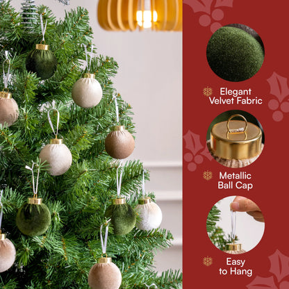 15-Piece Christmas Velvet Ball Ornament Set, 2.36-Inch Green Brown Neutral
