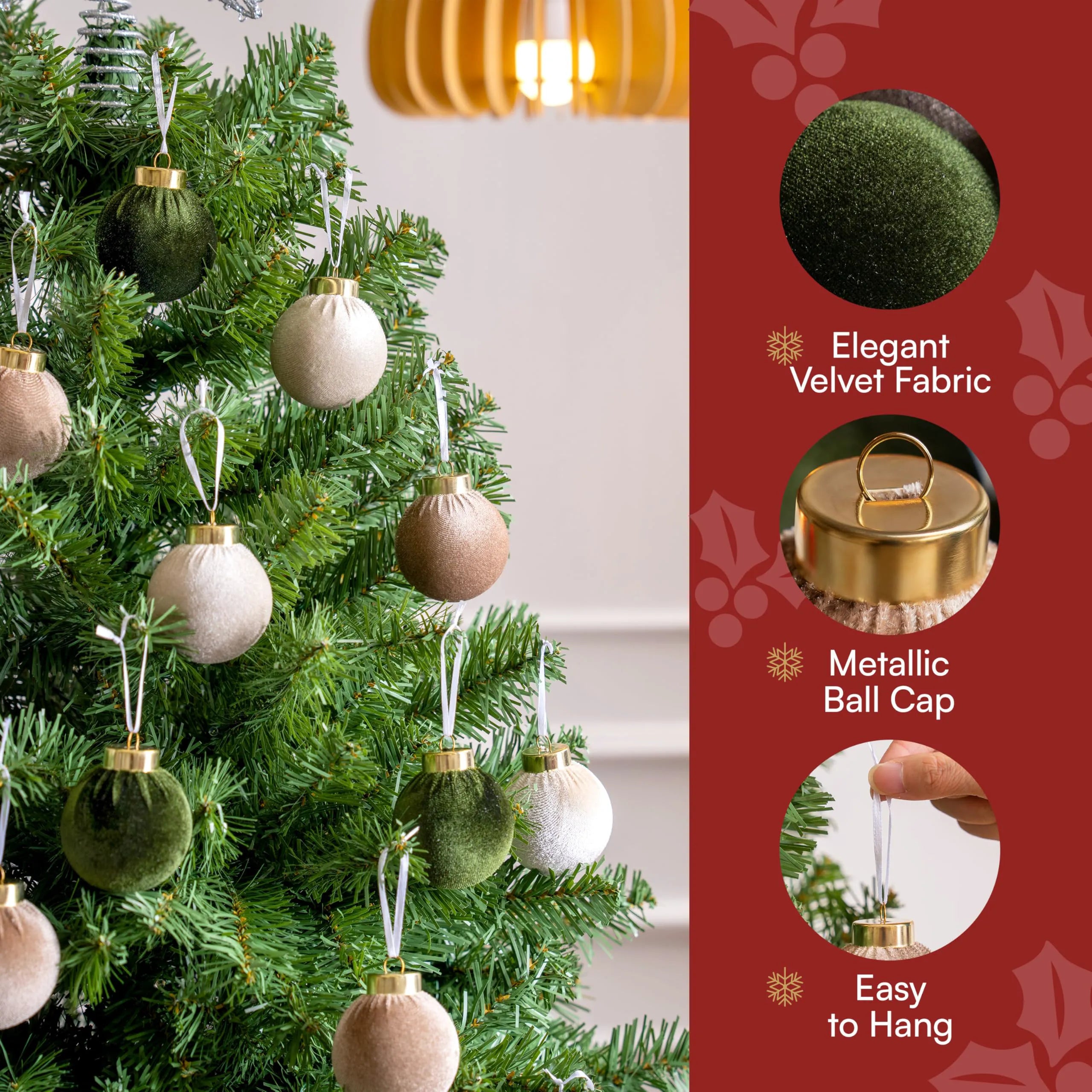 15-Piece Christmas Velvet Ball Ornament Set, 2.36-Inch Green Brown Neutral