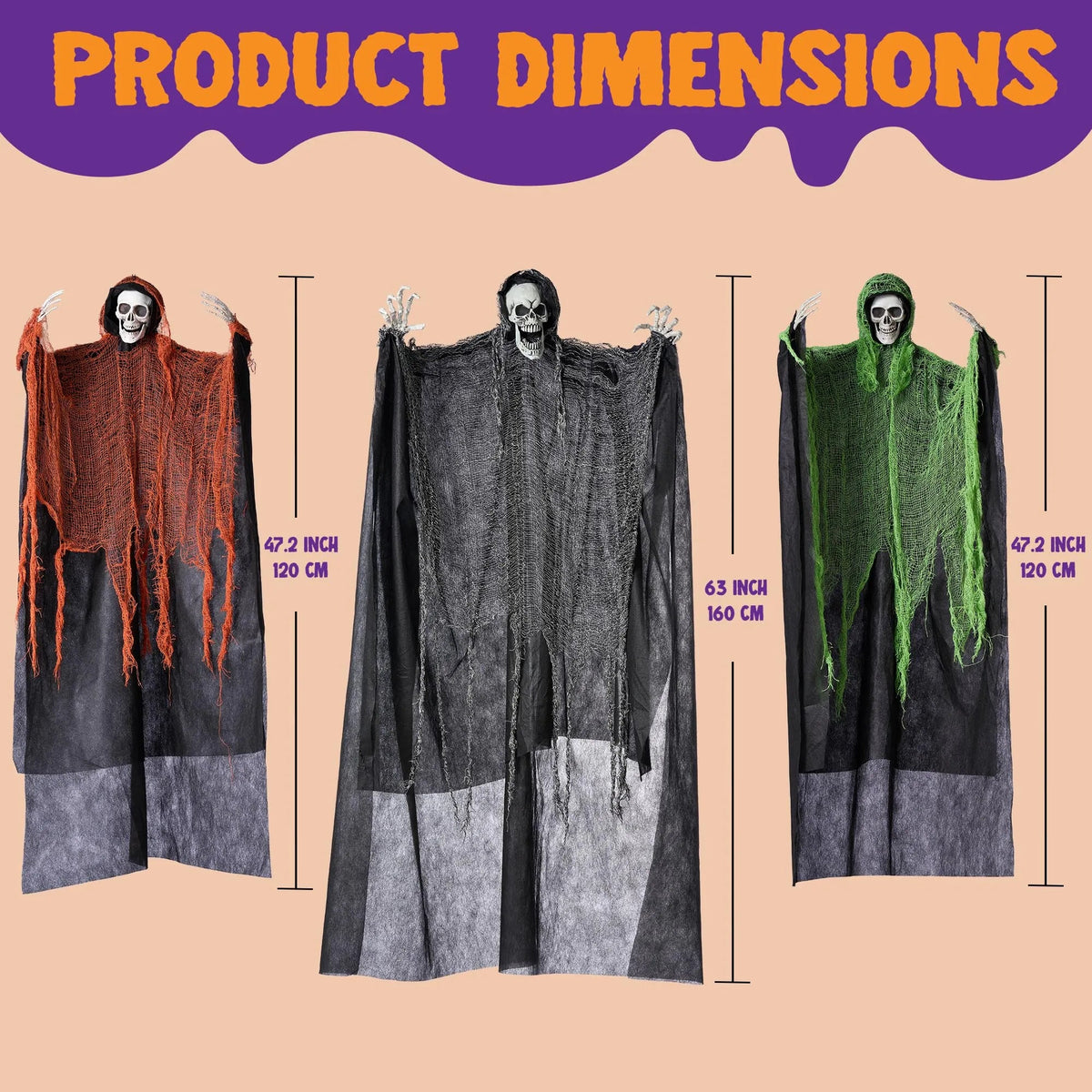 3 Pcs Halloween Hanging Grim Reapers - One 67in & Two 47in