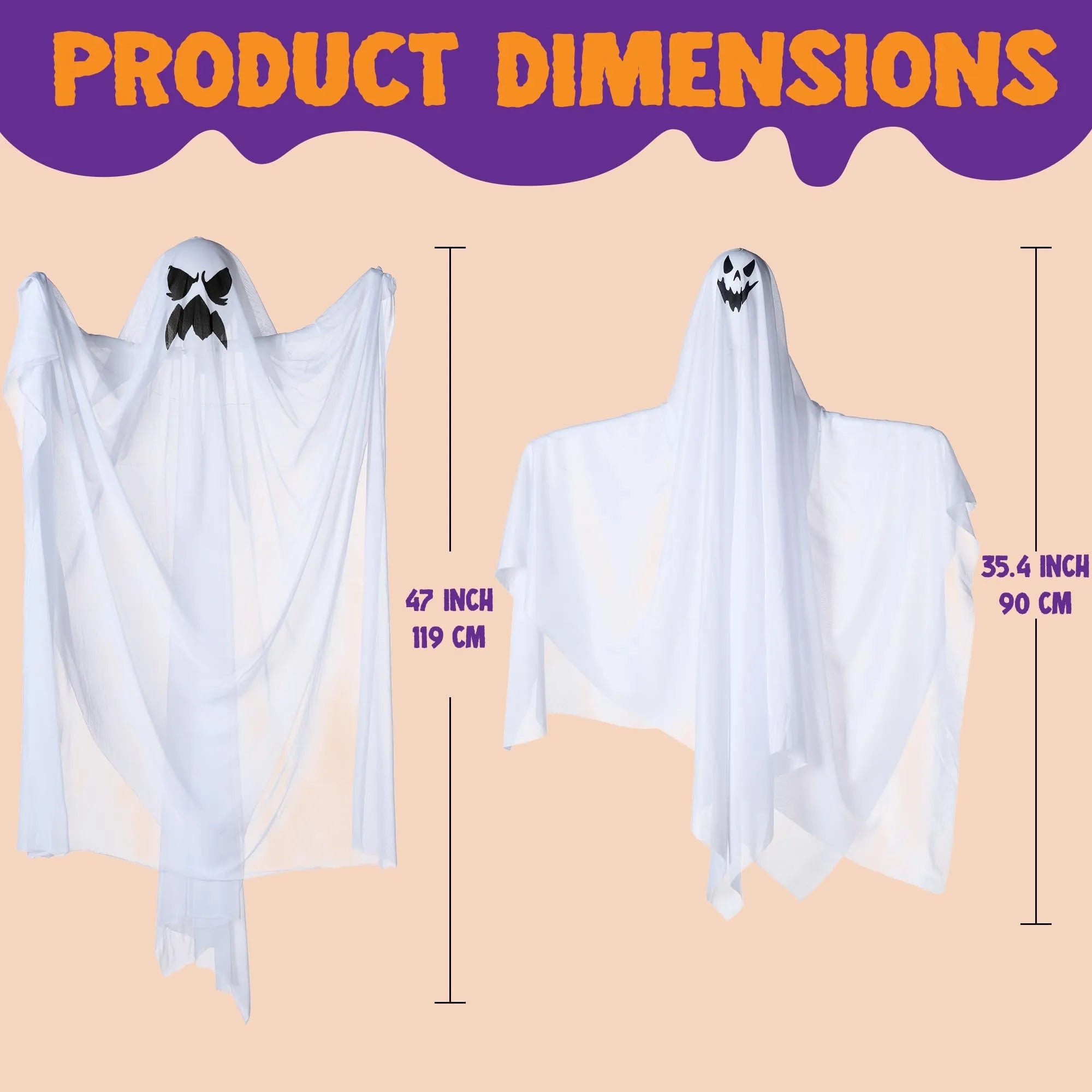 3 Halloween Light-Up White Hanging Ghosts, 1 Large (47in) and 2 Medium (35.4in)