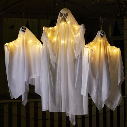 3 Halloween Light-Up White Hanging Ghosts, 1 Large (47in) and 2 Medium (35.4in)