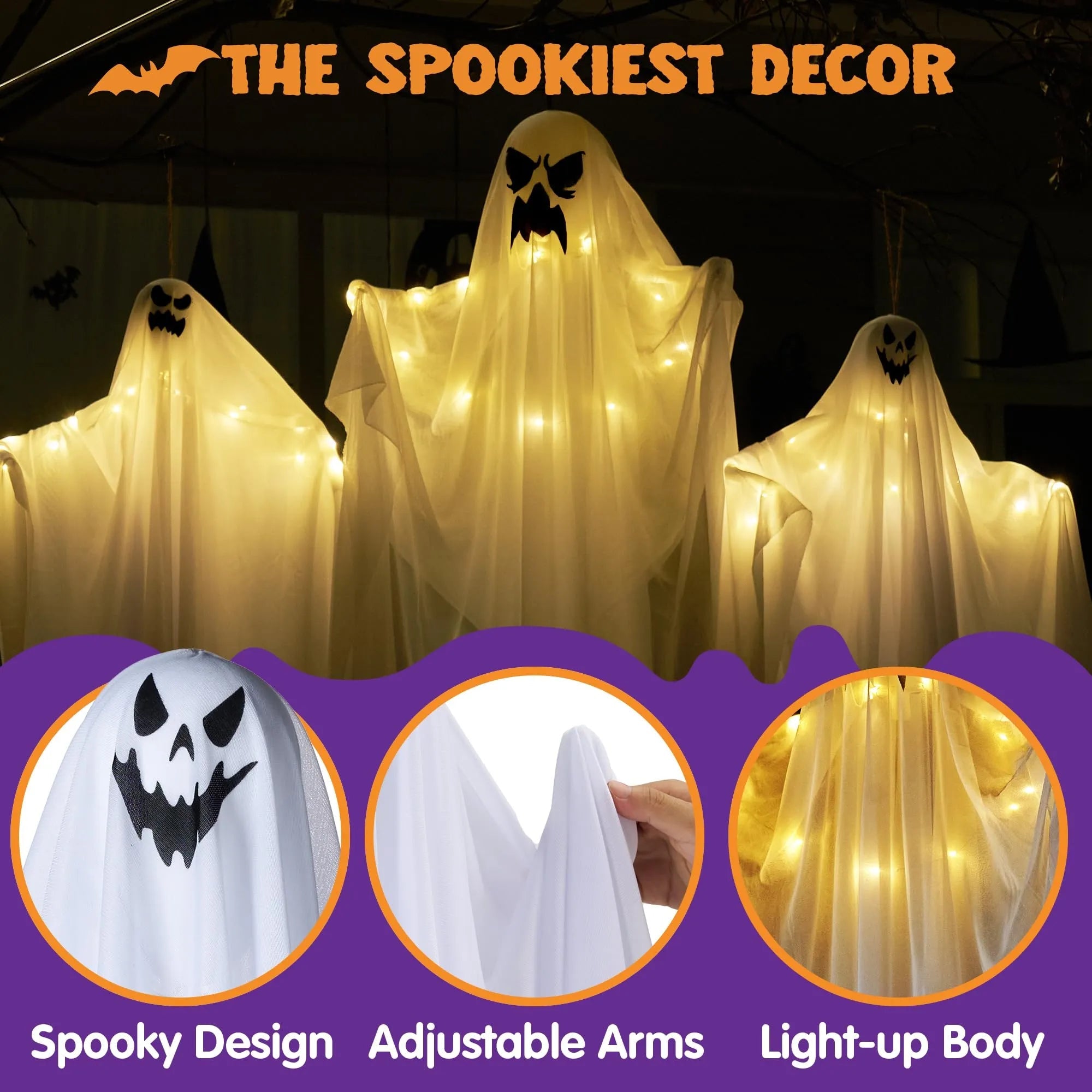 3 Halloween Light-Up White Hanging Ghosts, 1 Large (47in) and 2 Medium (35.4in)