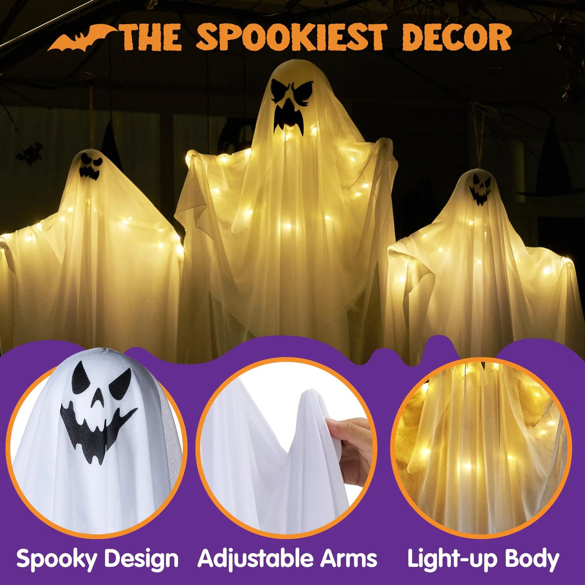 3 Halloween Light-Up White Hanging Ghosts, 1 Large (47in) and 2 Medium (35.4in)