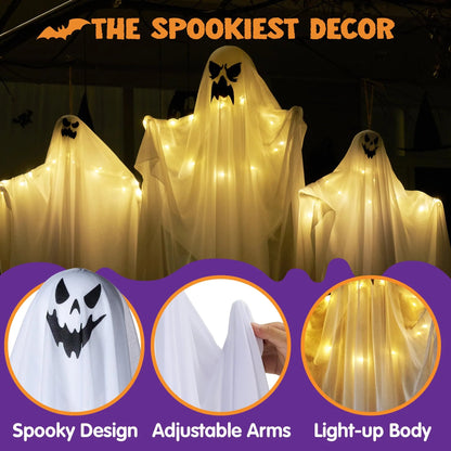 3 Halloween Light-Up White Hanging Ghosts, 1 Large (47in) and 2 Medium (35.4in)