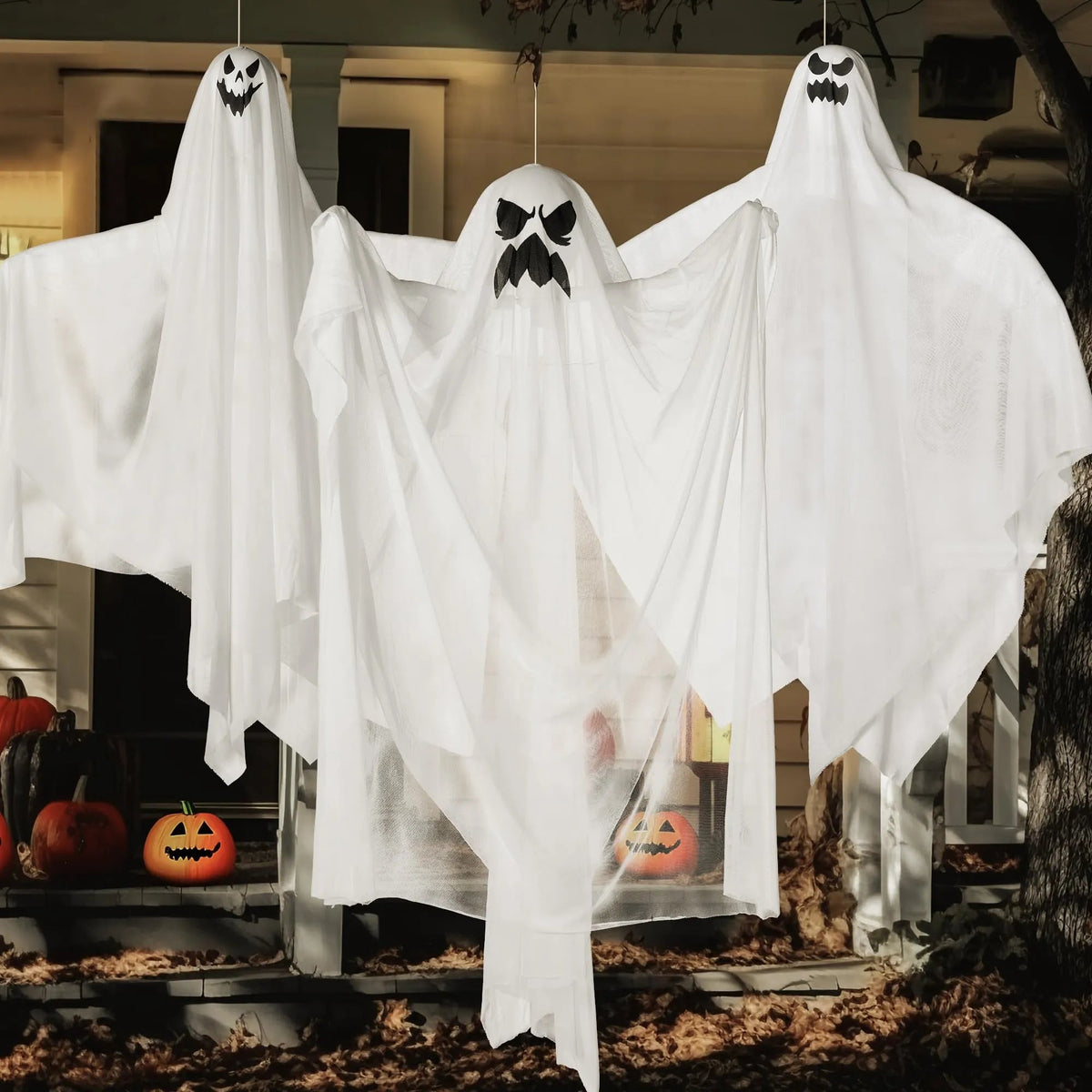 3 Halloween Light-Up White Hanging Ghosts, 1 Large (47in) and 2 Medium (35.4in)