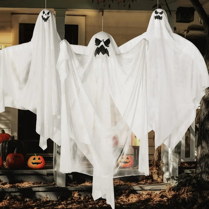 3 Halloween Light-Up White Hanging Ghosts, 1 Large (47in) and 2 Medium (35.4in)