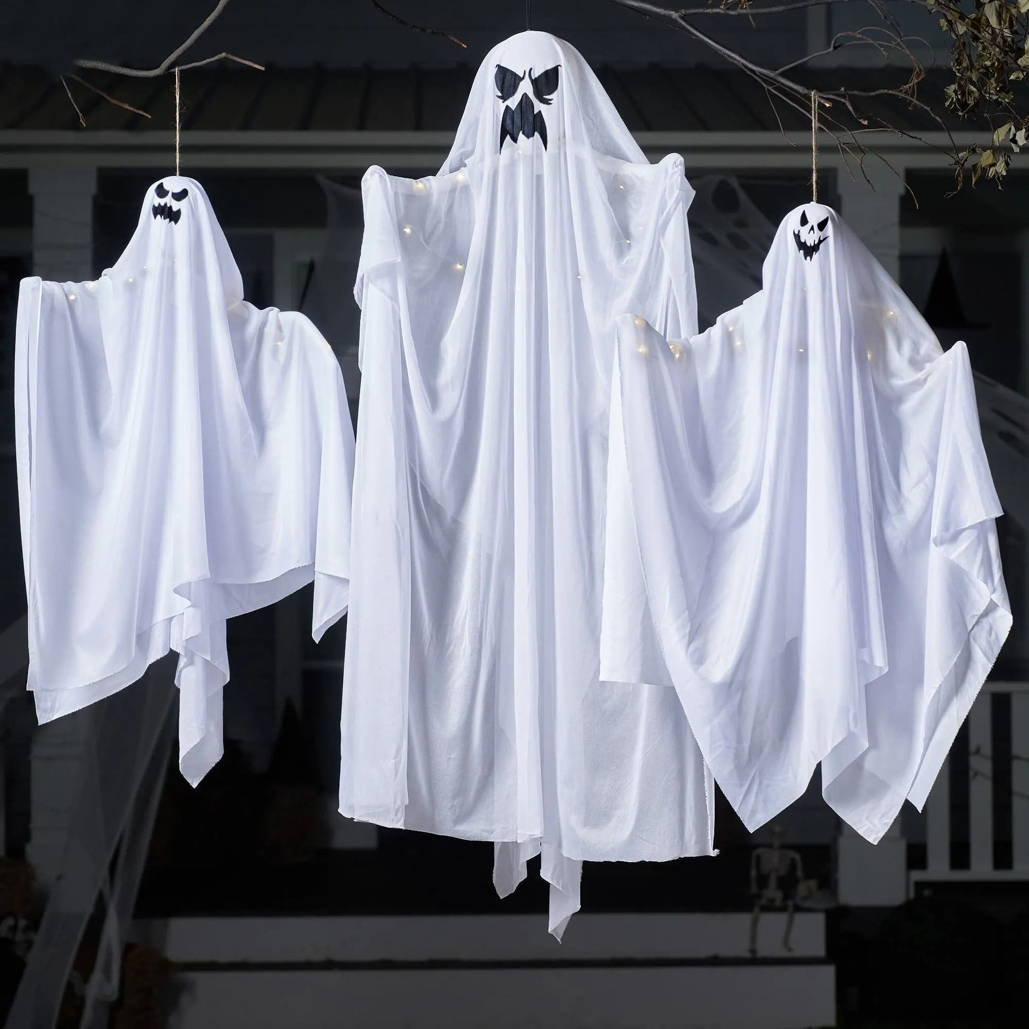 3 Halloween Light-Up White Hanging Ghosts, 1 Large (47in) and 2 Medium (35.4in)