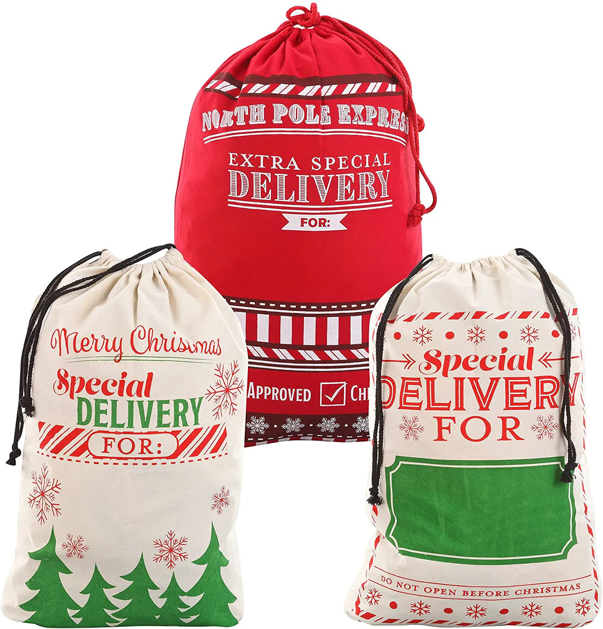 Large Santa Sacks Gift Bags, 3 Pack