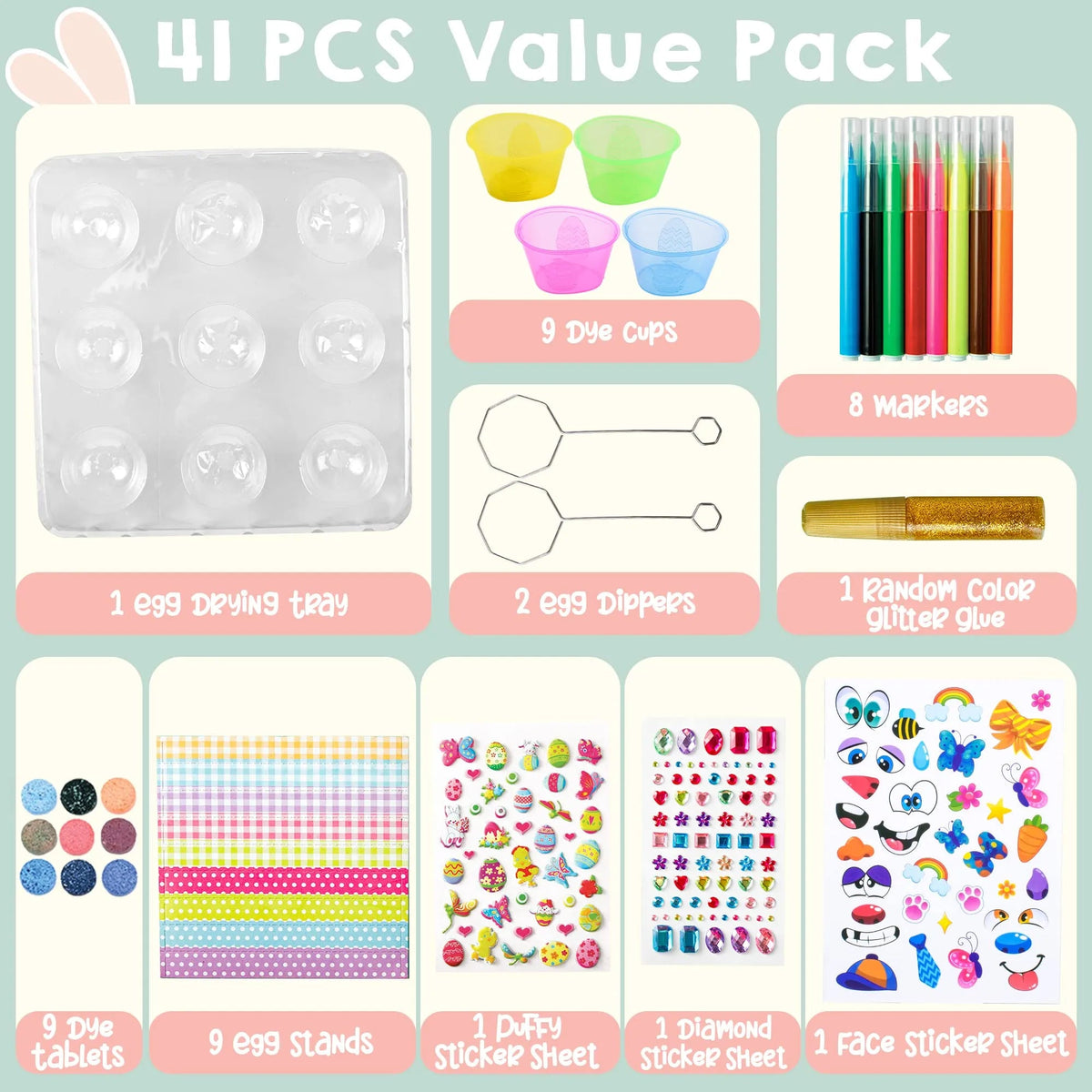 41-Piece Easter Egg Decorating DIY Kit with Dye Tablets and Stickers