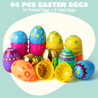 44Pcs 3.15in Printed Eggs with 8 Golden Eggs for Easter Egg Hunt