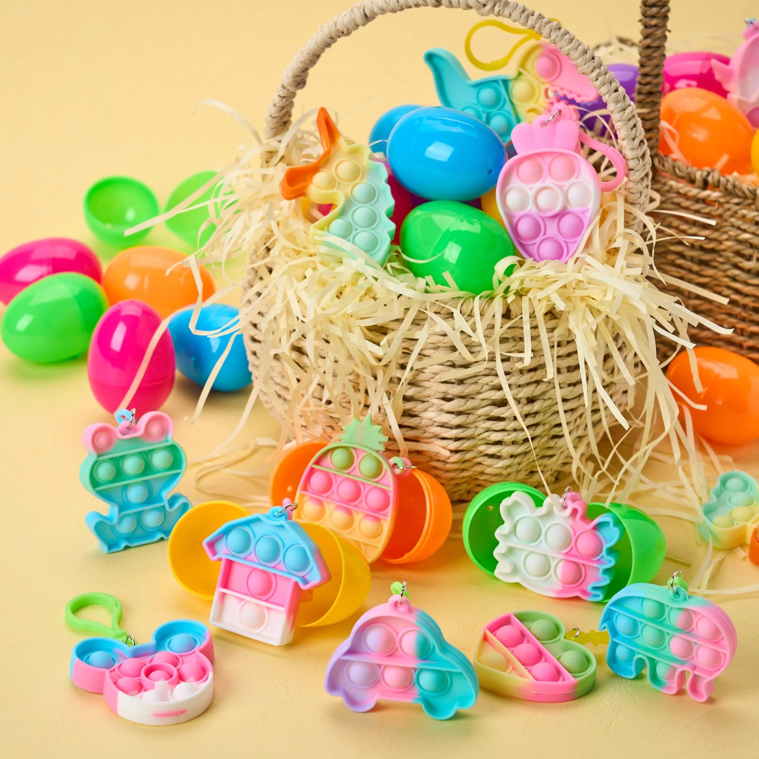 46-Piece Pre-Filled Colorful Easter Eggs with Pop Keychains and 23 Pop Fillers for Egg Hunt