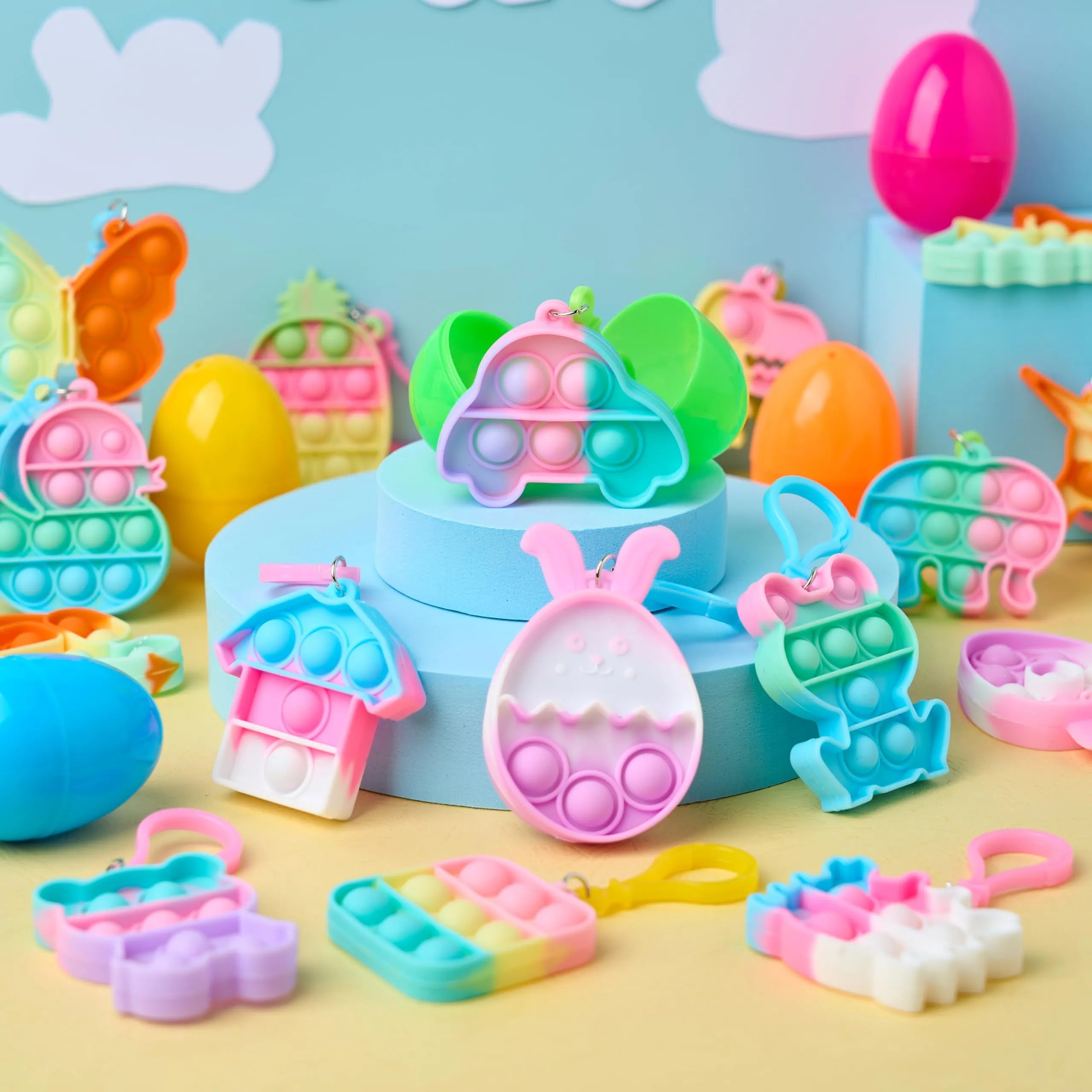 46-Piece Pre-Filled Colorful Easter Eggs with Pop Keychains and 23 Pop Fillers for Egg Hunt