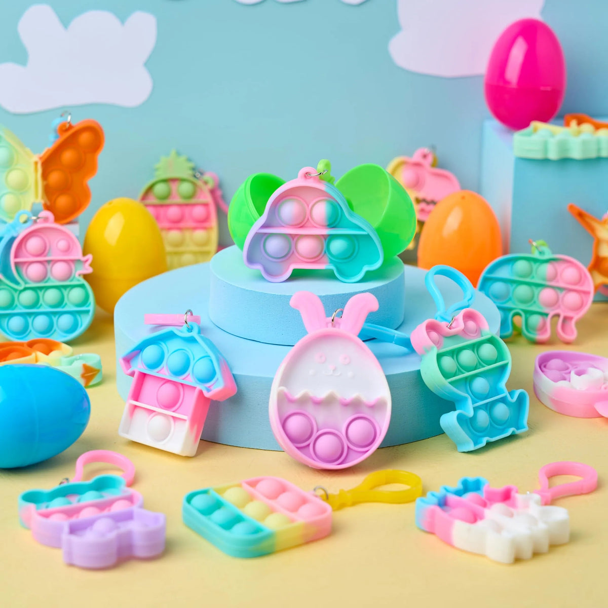 46-Piece Pre-Filled Colorful Easter Eggs with Pop Keychains and 23 Pop Fillers for Egg Hunt