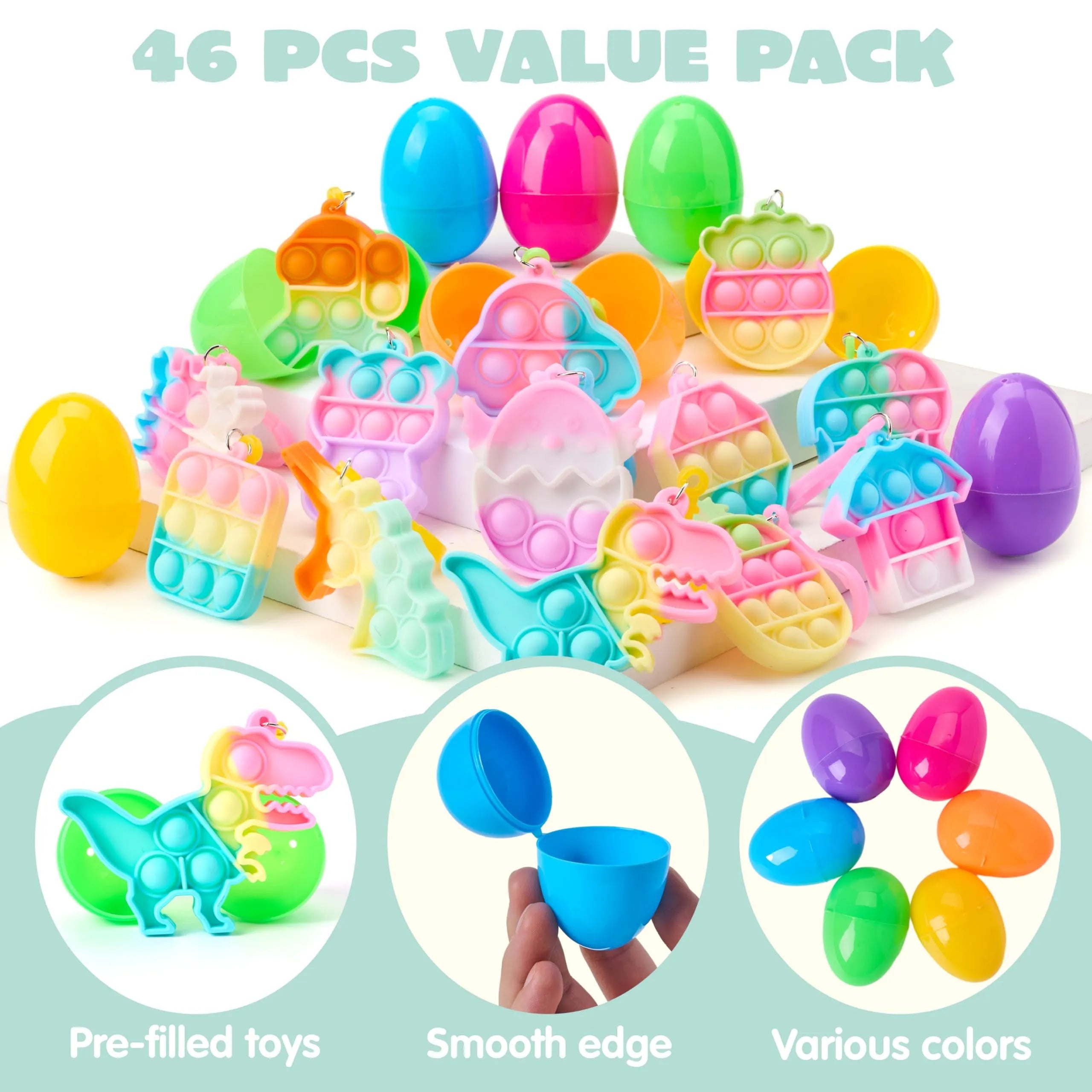 46-Piece Pre-Filled Colorful Easter Eggs with Pop Keychains and 23 Pop Fillers for Egg Hunt