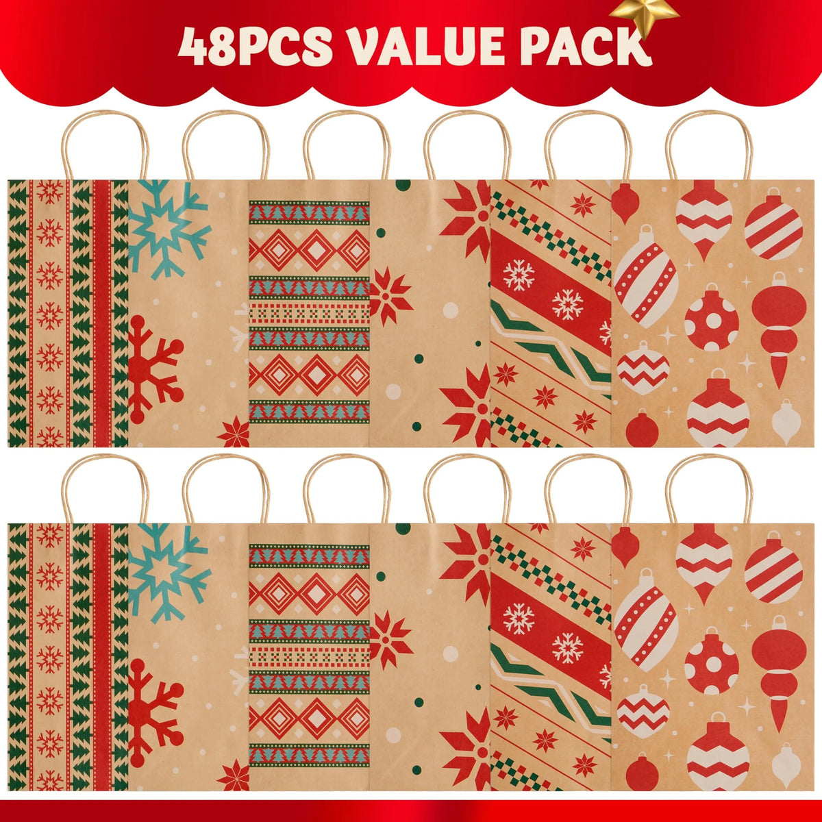 48 Christmas Kraft Gift Bags - 7x9x3.5 Inches for Gifts and Party Supplies