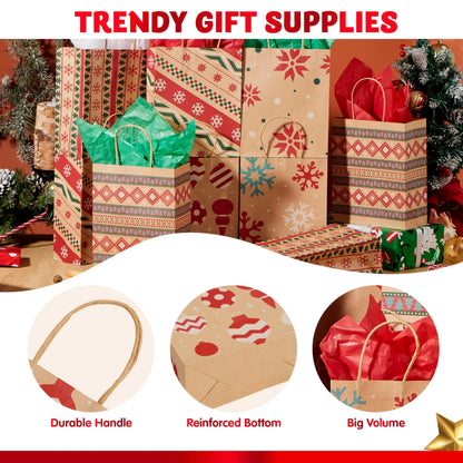 48 Christmas Kraft Gift Bags - 7x9x3.5 Inches for Gifts and Party Supplies