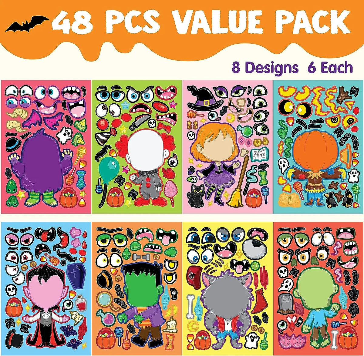 JOYIN 48-Pack Halloween Make-a-Face Sticker Sheets with 8 Vampire Styles