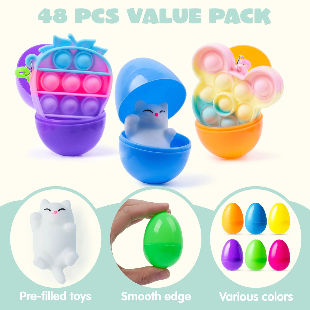 48 Prefilled Easter Eggs with Assorted Toys, Filled with Mochi and Pop Bubble