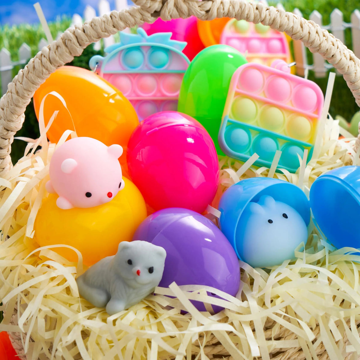 48 Prefilled Easter Eggs with Assorted Toys, Filled with Mochi and Pop Bubble