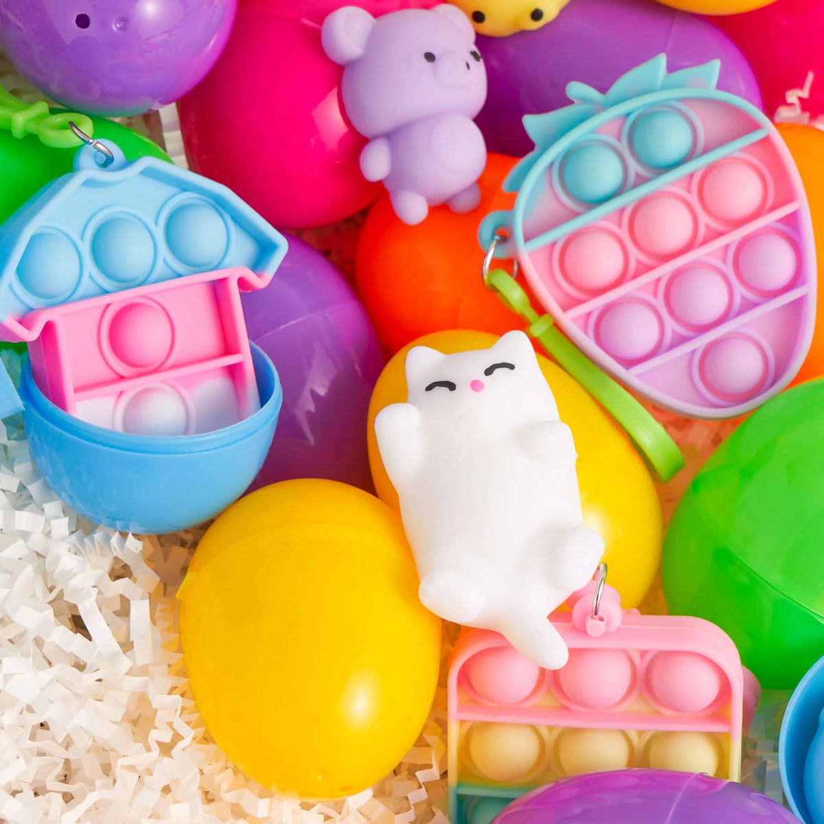 48 Prefilled Easter Eggs with Assorted Toys, Filled with Mochi and Pop Bubble