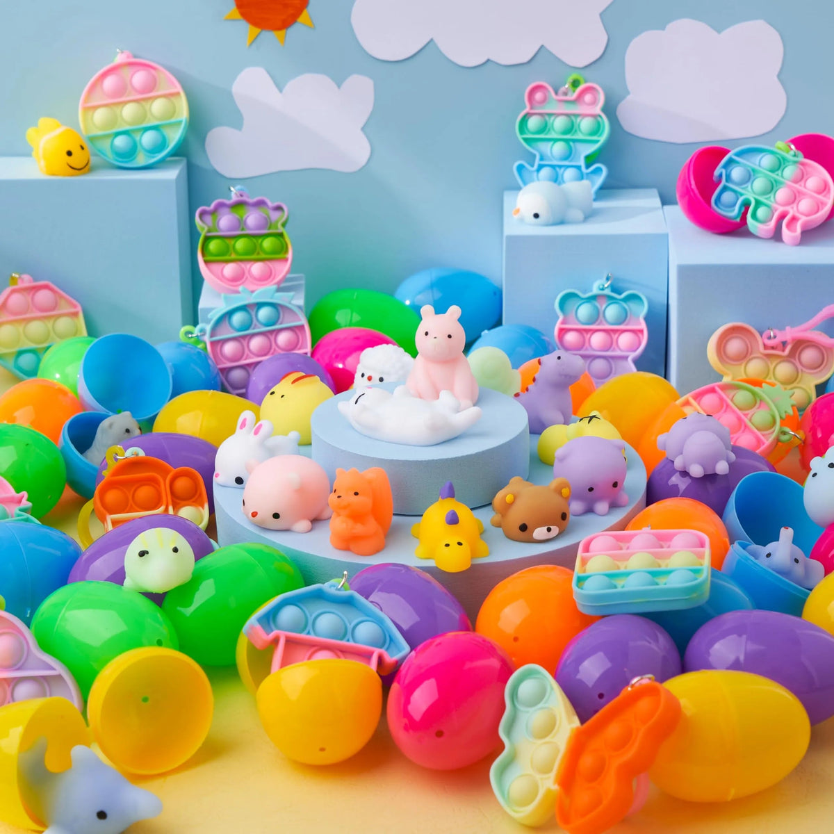 48 Prefilled Easter Eggs with Assorted Toys, Filled with Mochi and Pop Bubble