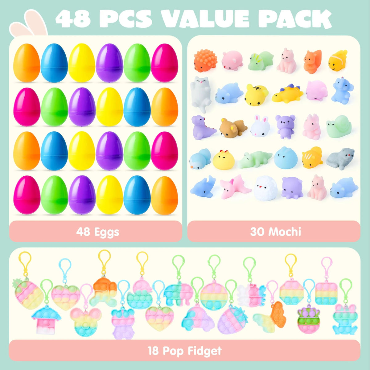 48 Prefilled Easter Eggs with Assorted Toys, Filled with Mochi and Pop Bubble