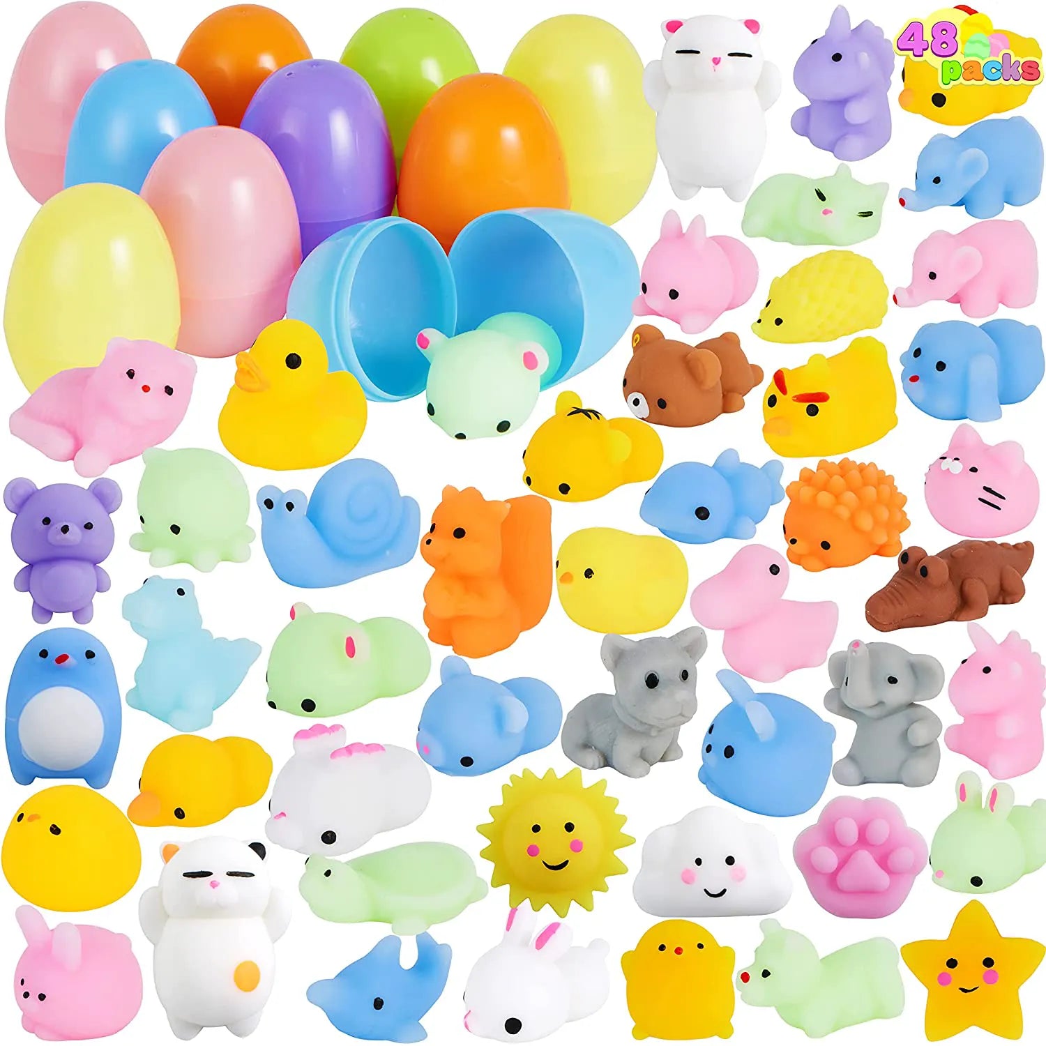 48 Pre-Filled Easter Eggs (2.3 in) with Mochi Squishy Toys for Easter Egg Hunt