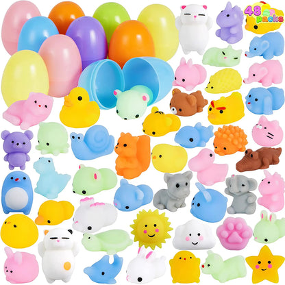 48 Pre-Filled Easter Eggs (2.3 in) with Mochi Squishy Toys for Easter Egg Hunt
