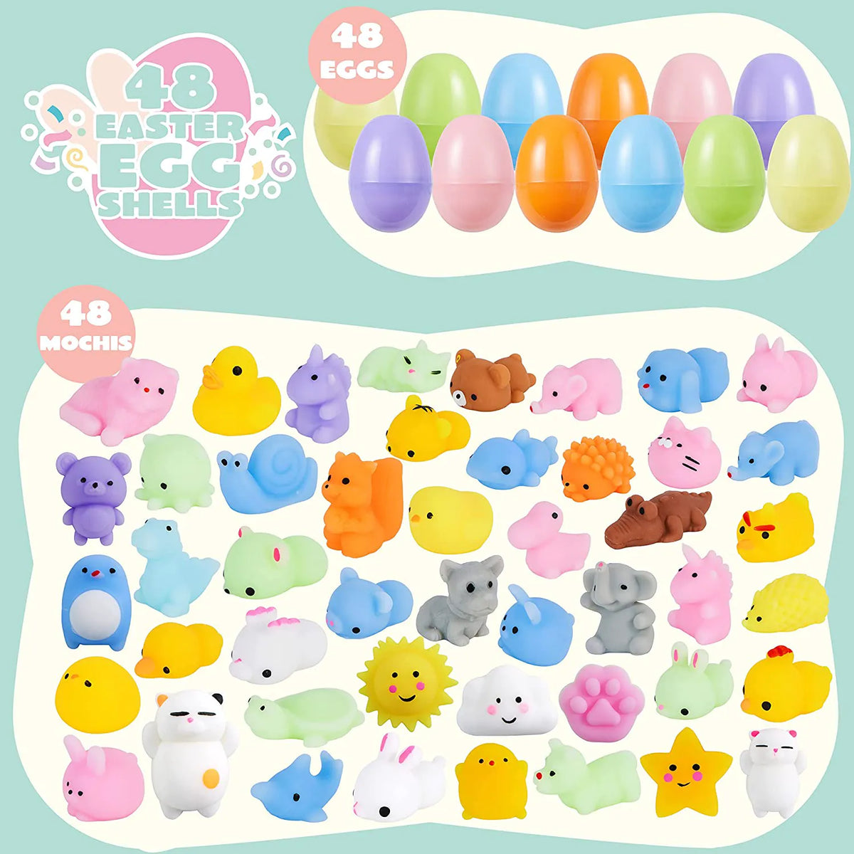 48 Pre-Filled Easter Eggs (2.3 in) with Mochi Squishy Toys for Easter Egg Hunt