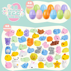 48 Pre-Filled Easter Eggs (2.3 in) with Mochi Squishy Toys for Easter Egg Hunt