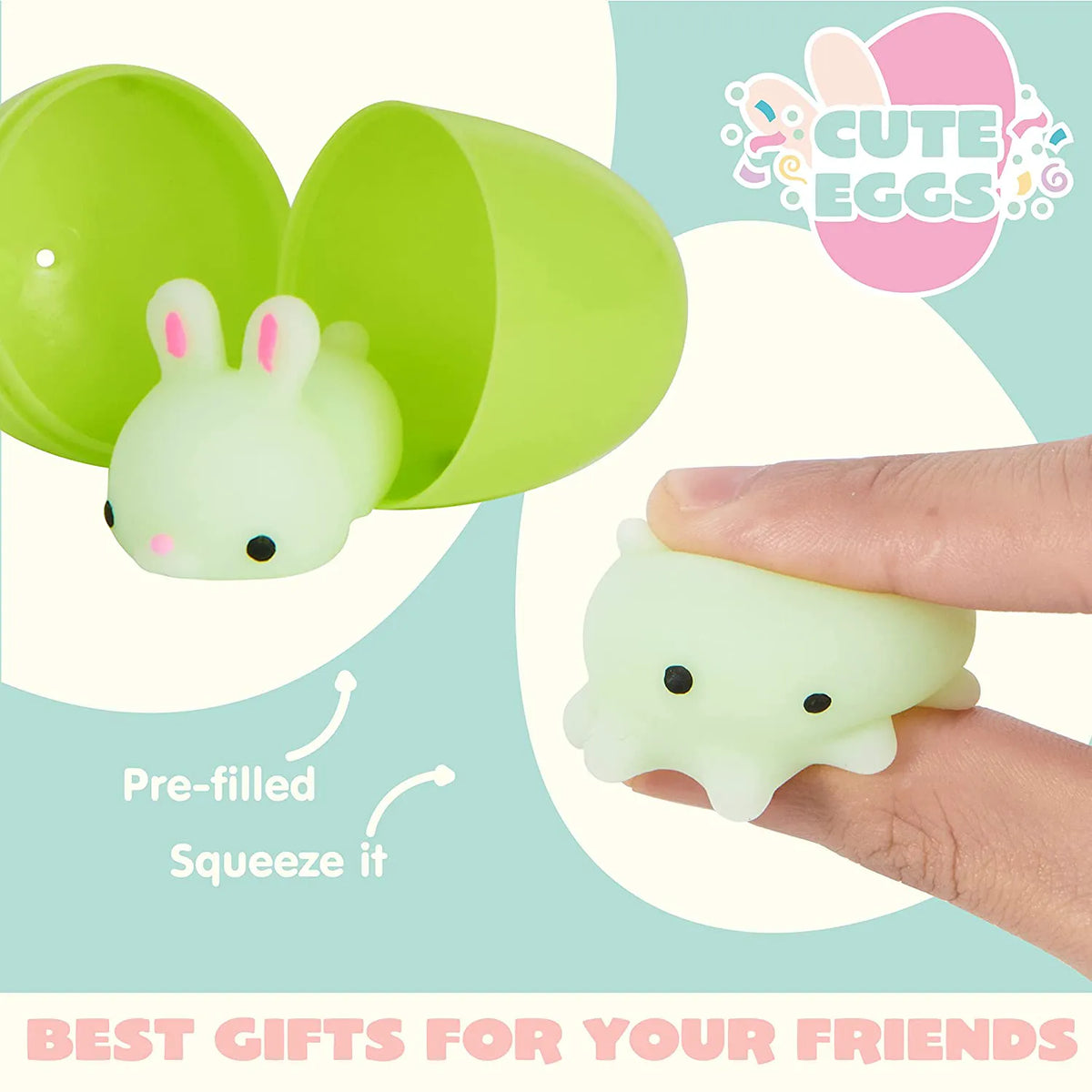 48 Pre-Filled Easter Eggs (2.3 in) with Mochi Squishy Toys for Easter Egg Hunt