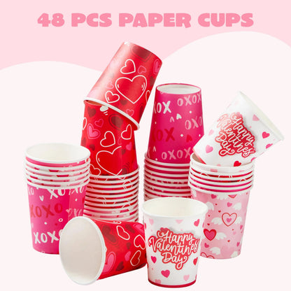 48 Valentine's Day Disposable Cups - 9 oz Paper Cocoa Cups for Party Supplies